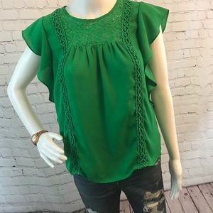 Green Blouse w/ Lace detail & a peek-a-boo back